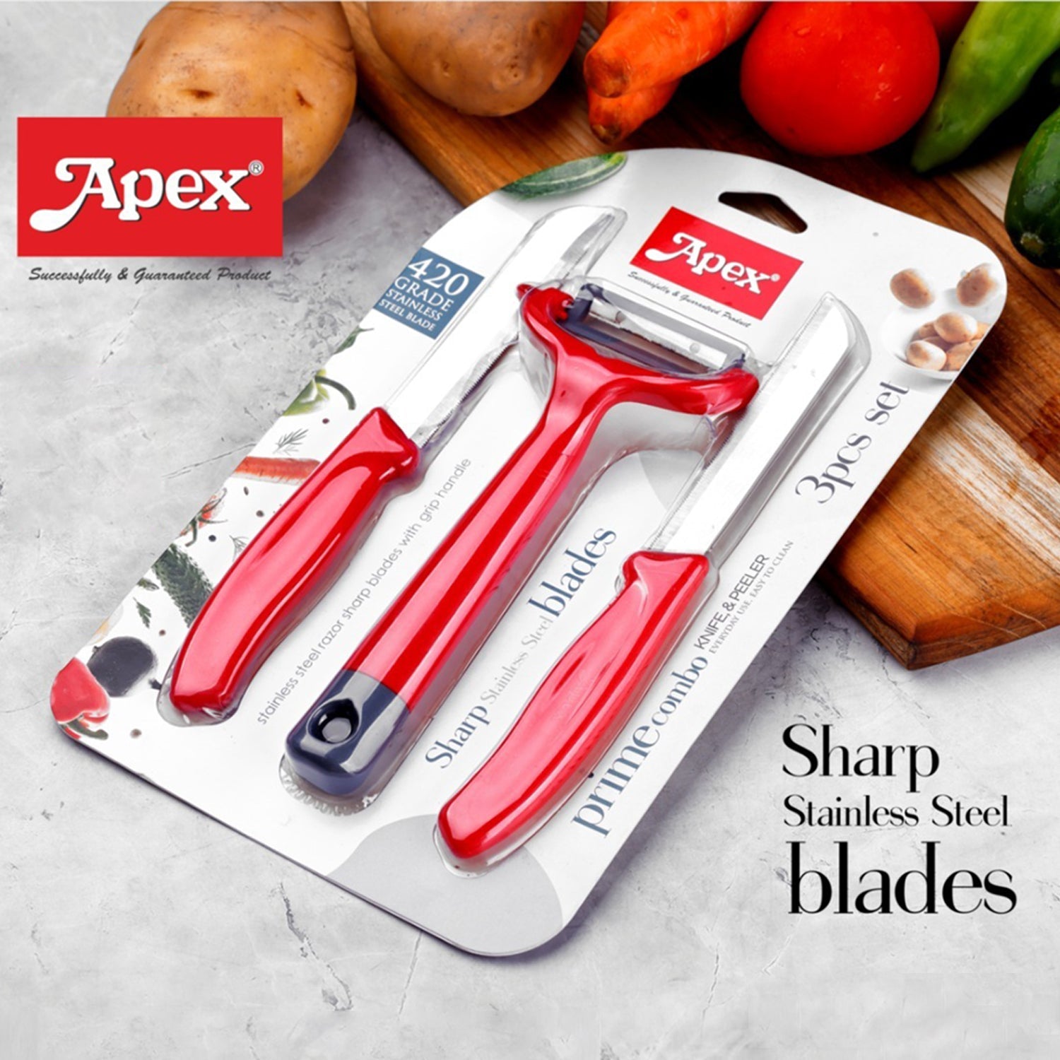 Apex 3-Piece Stainless Steel Kitchen Knife and Peeler Set Apex 3-Piece Stainless Steel Kitchen Knife and Peeler Set